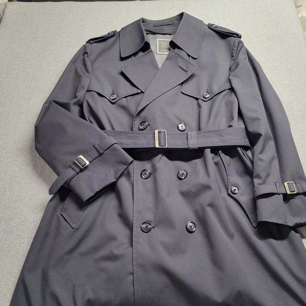 Christian Dior Monsieur Mens 42S Navy Blue Double Breasted Belted Trench Coat - Picture 2 of 16
